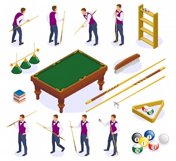 Billiards isometric icons set with isolated images of table cue sticks and balls with human characters Free Vector