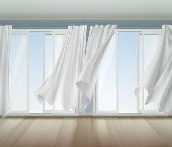 Billowing curtains open window illustration Free Vector