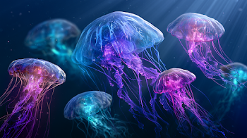 Bioluminescent Jellyfish in Deep Indigo Waters