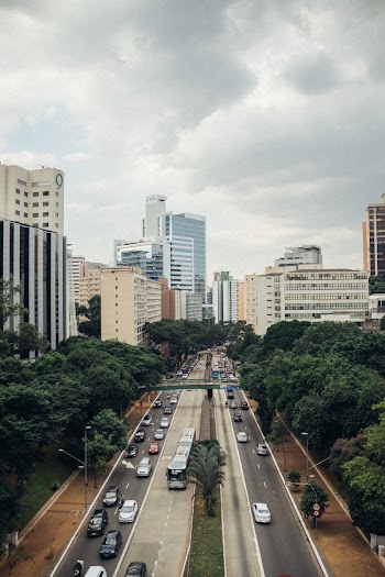 Bird's Eye View Of Roadway Under Cloudy Sky