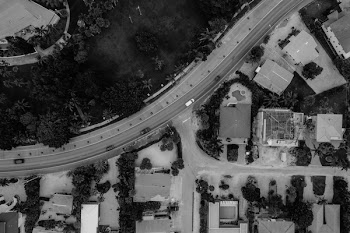 Bird's-view and Grayscale Photography of Car on Street