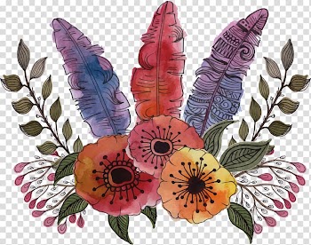 Bird Flower Feather Watercolor painting, Colored hand-painted feather flowers transparent background PNG clipart