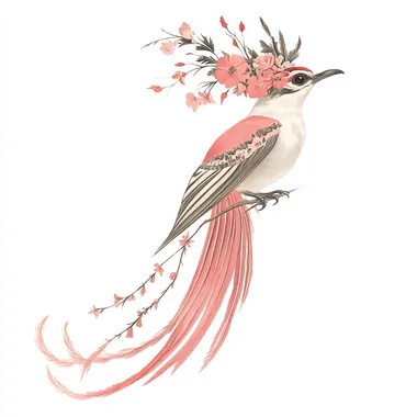 Bird illustration with floral headgear in coral pink and ivory, nature art