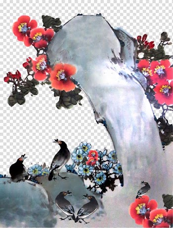 Bird Ink Painting, Flowers and birds ink stone transparent background PNG clipart