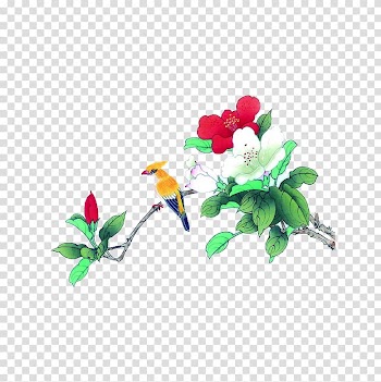 Bird Ink wash painting Chinese painting, Green leaves with white flowers transparent background PNG clipart