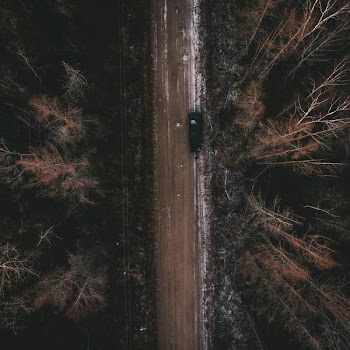 bird's eye view of highway in the middle of a forest