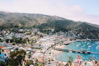 bird's-eye view of marina near mountains