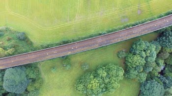 birds eye view of a train rail and trees