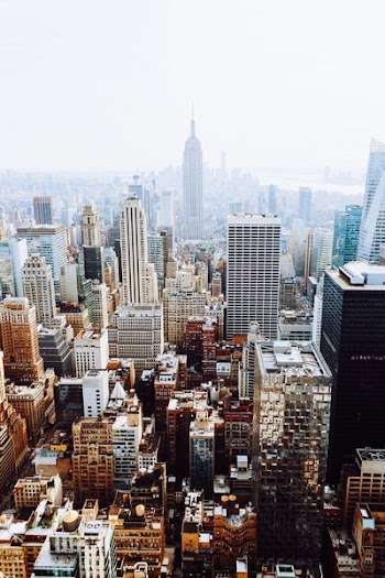 birds-eye view photo of city buildings with fog