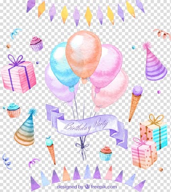 Birthday cake Party Greeting card, Drawing a variety of birthday party elements transparent background PNG clipart