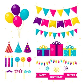 Birthday decoration with presents and balloons Free Vector