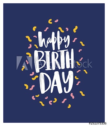 Birthday greeting card or postcard template with festive wish handwritten with elegant calligraphic font decorated by colorful confetti