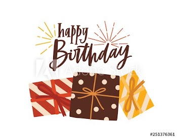 Birthday greeting card or postcard template with festive wish handwritten with stylish cursive font and gift or present boxes