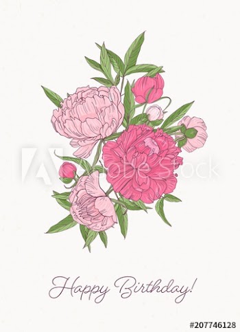 Birthday greeting card template with bunch of gorgeous blooming peony flowers hand drawn on white background