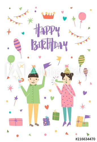 Birthday greeting card with boy and girl wearing cone hats and surrounded by confetti, balloons, festive gifts, flag garlands