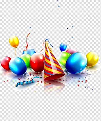 Birthday hat and balloons illustration, Balloon and birthday hat transparent background PNG clipart