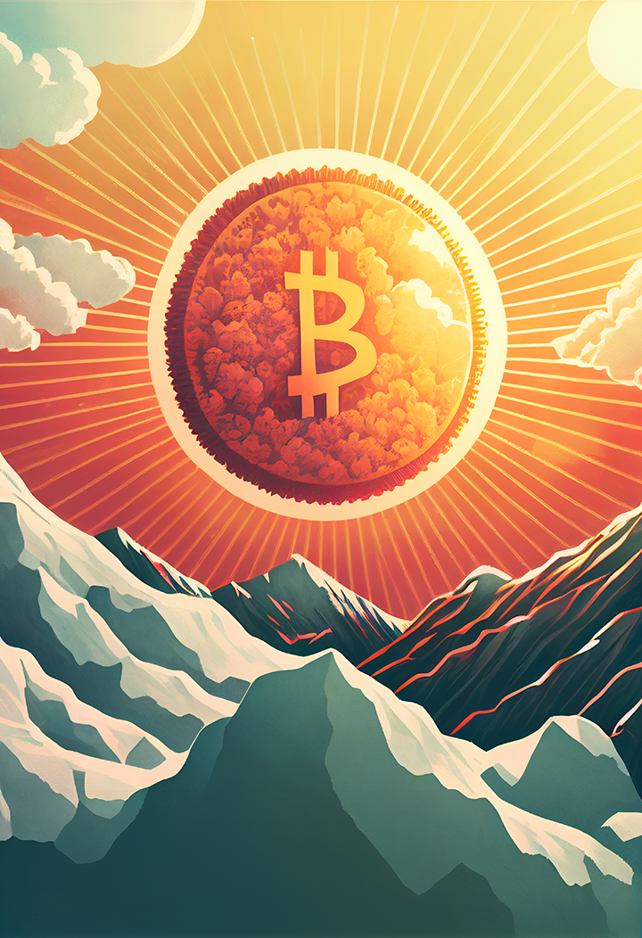 Bitcoin rising like the sun, poster art, AI generated