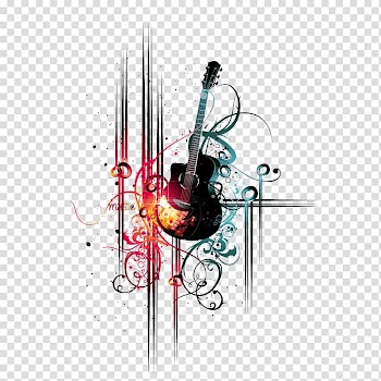 Black acoustic guitar floral illustration, Musical instrument, Dynamic concert background transparent background PNG clipart