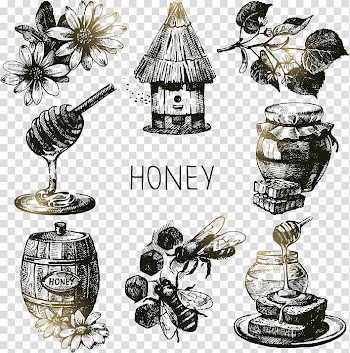 Black and gray honey, honey dipper, bee hive, and honey barrel illustrations, Bee Honey Drawing Illustration, Painted bees and honey transparent background PNG clipart