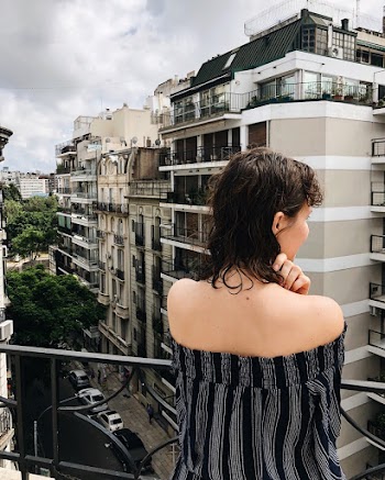 Black and Gray Striped Tube Dress on Terrace