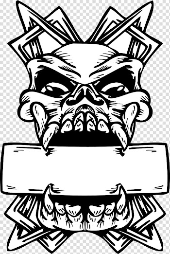Black and white demon head holding scroll poster, Skull Graffiti transparent background PNG clipart