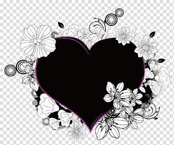 Black and white heart floral decor, A black lace heart transparent background PNG clipart