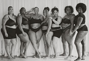 Black and White image of Seven Black women connecting and celebrating body positivity