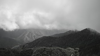Black and White Photo of Mountain with Fog
