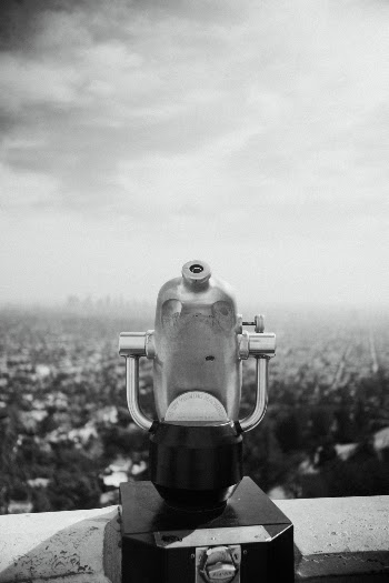 Black and white photo of view finder at Griffith Observatory. 