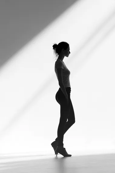 Black and White Photo of Woman Walking in Isolated Living Room