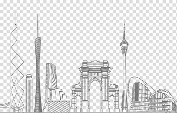 Black and white Place of worship Skyline Line art, Creative City transparent background PNG clipart