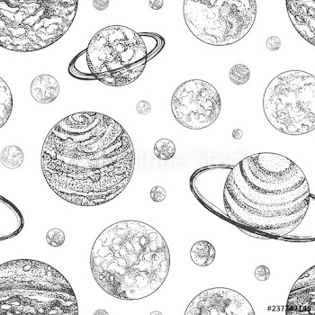 Black and white seamless pattern with planets and other planetary bodies in outer space