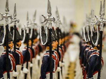 Black Blue Red and White Aligned Toy Soldiers
