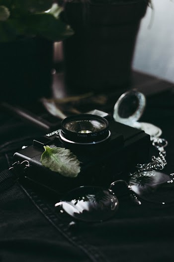 Black Camera Beside Sunglasses On Fabric