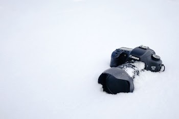 black Canon DSLR camera on snow field