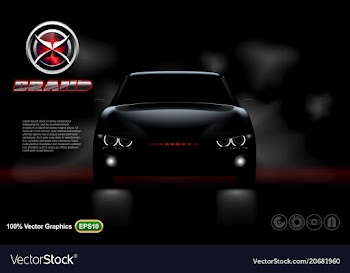  					Black car on black background with logo and descri vector image														