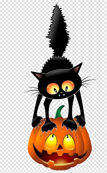 Black cat on Jack-o'-lantern illustration, Black cat Halloween Cartoon , Black Cat Pumpkin transparent background PNG clipart