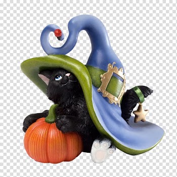Black cat wearing purple and green hat holding pumpkin illustration transparent background PNG clipart