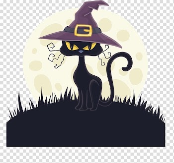 Black cat wearing purple witch hat while sitting on grass illustration, Cat Witch hat Witch hat, Black cat with Witch Hat transparent background PNG clipart
