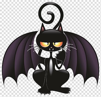 Black cat with wings illustration, Cat Bat Kitten Cartoon, Witch Cat transparent background PNG clipart
