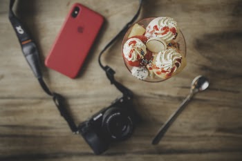 Black Dslr Camera, Teaspoon, Ice Cream and Iphone X