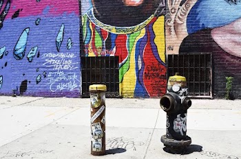 black fire hydrant near graffiti wall