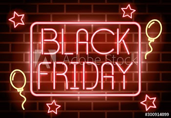 black friday neon label with stars and balloons helium