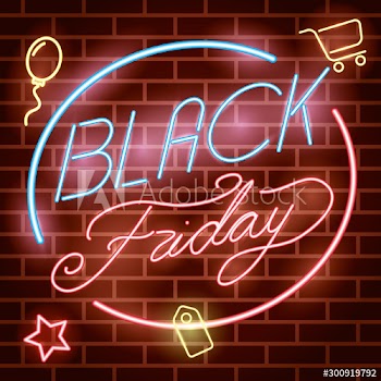 black friday neon label with stars and balloons helium