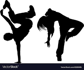 black graphic silhouettes of a dancing guy and a