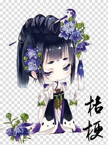 Black haired female anime character illustration, Chibi Anime Drawing Manga, Japanese wind Eustoma Flower Fairy transparent background PNG clipart