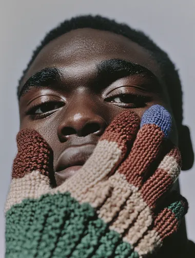 Black Male Model in Colorful Knitted Bird Glove, Fashion Photography Black Male Model in Colorful Knitted Bird Glove, Fashion Photography