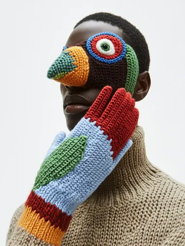 Black male model in knitted bird glove, mountain backdrop, fashion shoot Black male model in knitted bird glove, mountain backdrop, fashion shoot