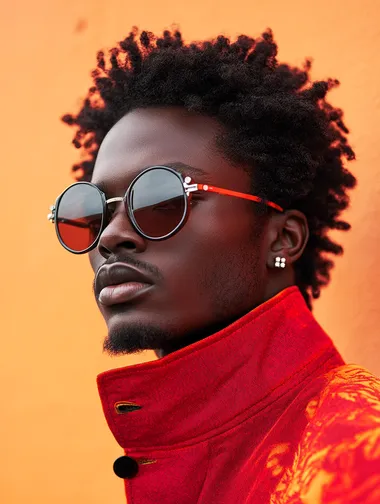 Black man in red jacket and sunglasses, vibrant urban street style