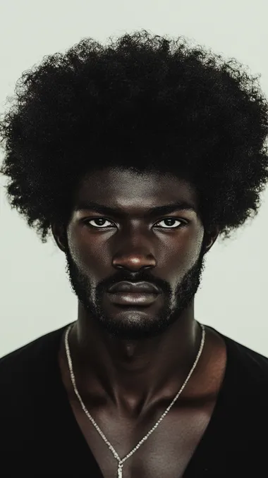 Black man with large Afro and necklace in fashion photography portrait Black man with large Afro and necklace in fashion photography portrait